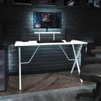 Flash Furniture NAN-RS-G1031-WH-GG White Gaming Desk with Cup Holder, Headphone Hook, and Monitor/Smartphone Stand